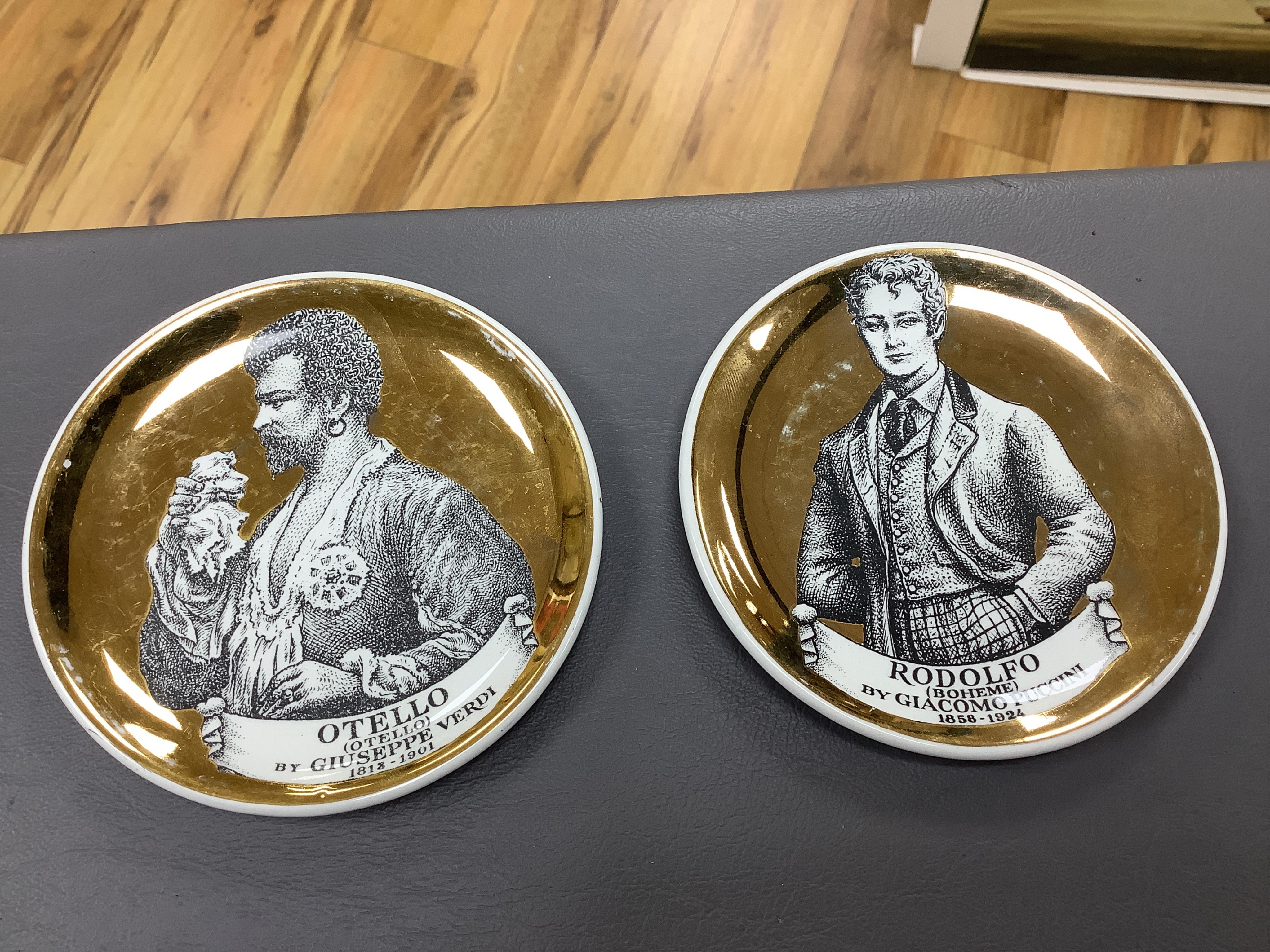 Fornasetti, a group of five operatic coasters, ‘Melodramma’ to include Otello and Desdemona, 10cm in diameter